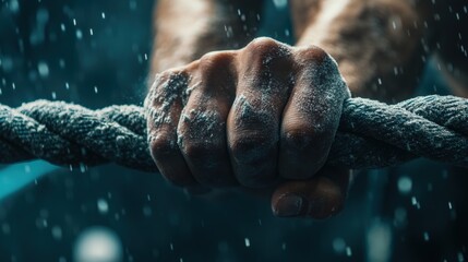 Close-up view of a hand gripping a rope.