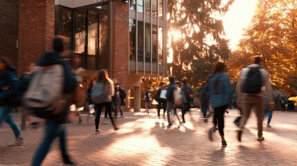 The bustling campus filled with students during a vibrant autumn afternoon.