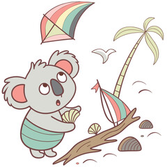 Vector illustration of a Surprised Koala bear with with a rainbow kite, styled in a Beach day theme using Ocean Breeze colors