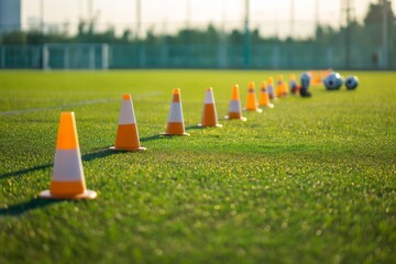 A soccer training session takes place on a vibrant green field where cones are set up for drills. The atmosphere is lively as players focus on improving their skills during golden hour