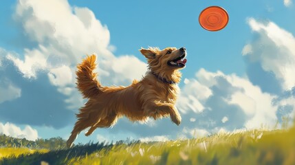 A golden retriever leaps in the air, chasing a frisbee on a sunny day.