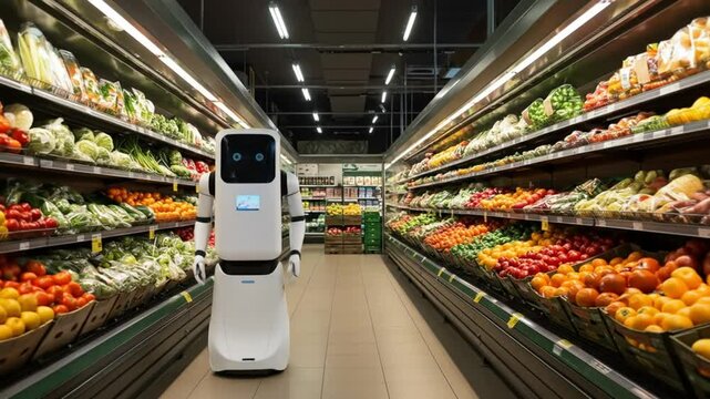 Modern robot navigating grocery aisle futuristic food retail automated technology in commerce
