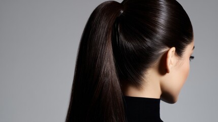Naklejka premium A sleek hairstyle featuring a high ponytail. This image captures the elegance and simplicity of a polished look. Perfect for fashion, beauty, and styling purposes. AI.