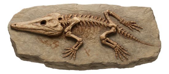 Ichthyostega fossil showing robust limbs and elongated snout from Devonian strata