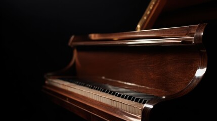 The elegant grand piano showcasing rich wood and intricate craftsmanship.