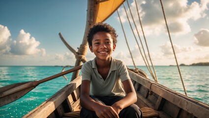 Joyful young African American boy smiling while sitting confidently on a traditional wooden boat on turquoise water
