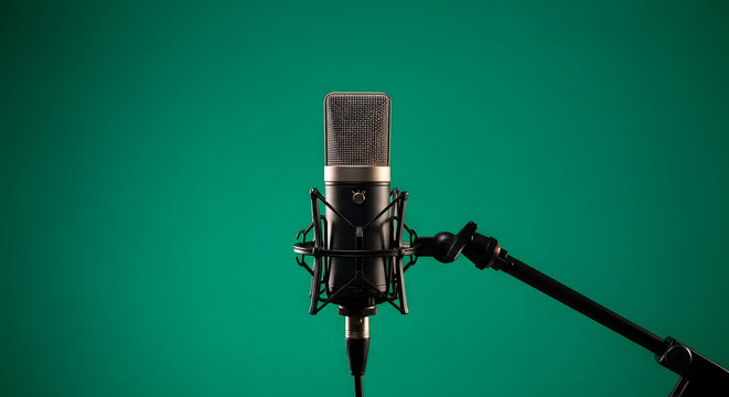 Studio microphone against a solid green background.