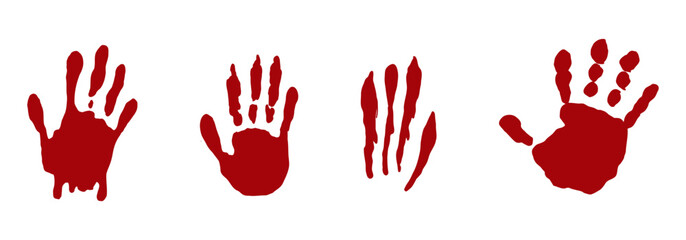 Hand print, fingerprint with red paint, blood. Halloween scary splatter, stain with drops. Human hand creepy trace. Red splatter, stream © Alyona