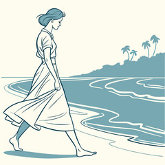 A young woman with shoulder-length, windswept dark hair is walking along a sandy beach, her gaze directed downwards in a pensive mood. She is wearing a simple, light-colored, knee-length A-line skirt 