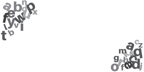 White background with black and gray letters in the corners