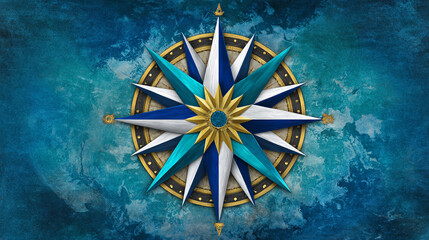 Elegant Compass Rose On Blue Textured Background Nautical Navigation Tool