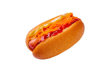Delicious hot dog with colorful toppings ready to be enjoyed at a picnic