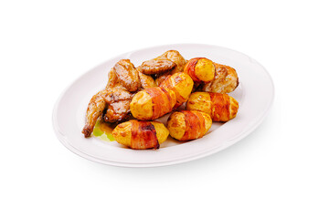 Juicy grilled chicken with bacon-wrapped potatoes on a white plate