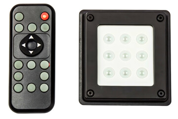 Square led lamp with a remote control for changing lighting modes isolated with transparent background