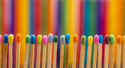 a close-up of wooden matchsticks with vibrant, colorful tips arranged in neat rows. The background...
