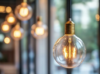 Hanging bulbs glow with warm light, blurred background