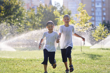 Two Boys Enjoying a Fun Day Playing in Outdoor Sprinklers