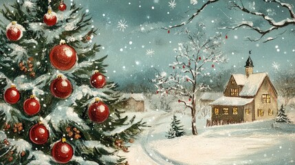 Vintage winter scene with Christmas tree and snow-covered house