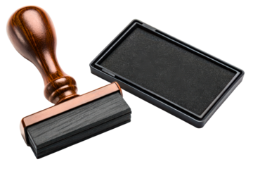 Classic wooden handle rubber stamp with a black ink pad for office isolated with transparent background