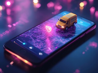 Electric Delivery Van on Smartphone Map with Glowing Navigation Icon Modern Night Scene
