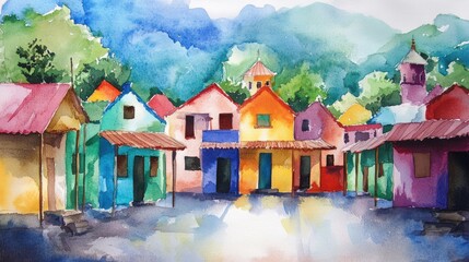 Colorful houses village scene painted in watercolor style