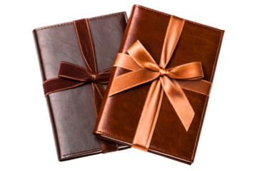Two brown leather journals tied with decorative ribbon bows isolated with transparent background