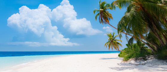 Vacation summer holidays background wallpaper - sunny tropical Caribbean paradise beach with white sand in Seychelles Praslin island Thailand style with palms
