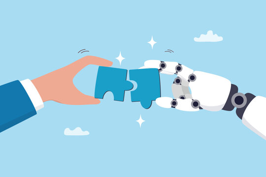 Work with Artificial Intelligence to success together, implement AI to solve problem or get solution, collaborate with AI, innovation or automation, human hand connect jigsaw puzzle with AI robot.
