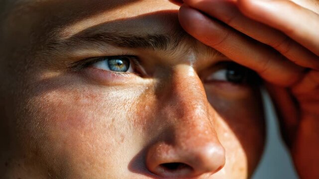 Close up face and eye sunlight with hand shielding skin from discomfort showing sensory reaction and slight squinting expression