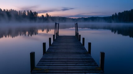 Fototapeta premium Wooden pier on a misty lake at dawn with pine forest reflection