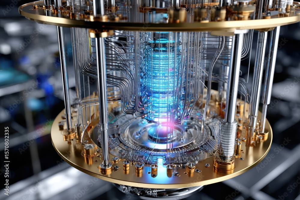 Poster quantum computer core with intricate wiring and glowing elements captured in a lab setting