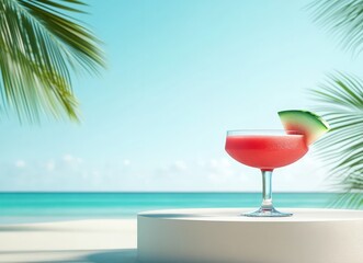 Tropical drink on white platform, beach and palm backdrop