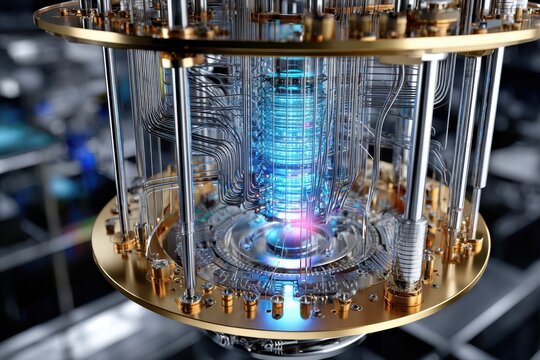 Quantum computer core with intricate wiring and glowing elements captured in a lab setting