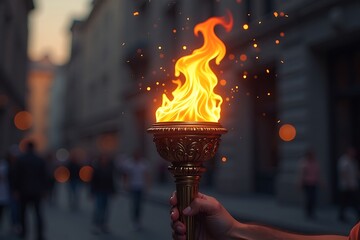 Hand holding an illuminated torch with flame in urban environment, symbolizing victory, progress, or a historical event.                              