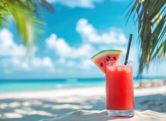 Beach drink watermelon slice, ice, straw, ocean backdrop