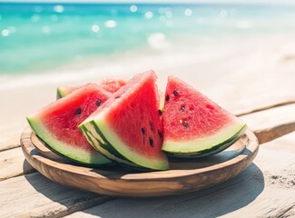 Sliced watermelon on a wood plate by blue ocean