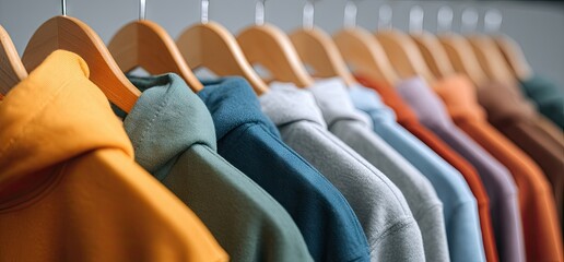 Row of colorful hoodies hanging on wooden hangers, showcasing various muted tones and textures