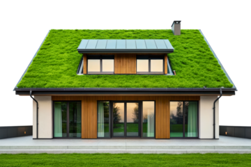 Modern eco-friendly house with a green grass roof and wood facade isolated with transparent background