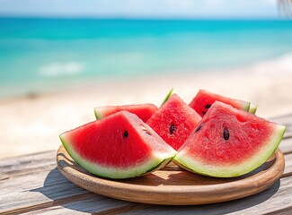 Watermelon slices on wood, beach backdrop (1)