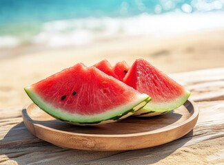 Watermelon slices on wood, beach backdrop