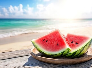 Watermelon slices by ocean. Summer vibes. Yum!