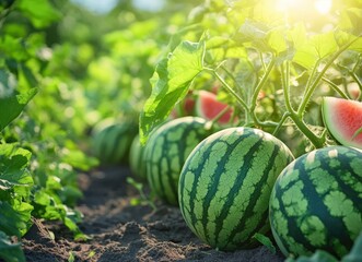 Watermelons ripening in the field, sunlit