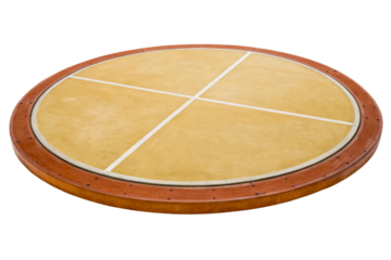 Round wooden serving board with a divided yellow surface isolated with transparent background