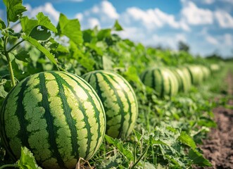Watermelons ripening in a field, blue sky background