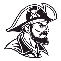 Vector art of a stern pirate captain with a skull hat isolated on white background