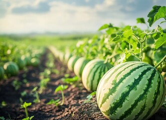 Watermelon field row with green vines in sunlight