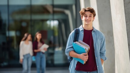 The smiling student holding books in a modern educational environment