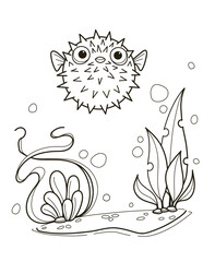 Coloring Book Puffer Fish with Underwater Plants