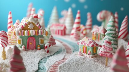 Candy-land village with snow, trees, and vibrant houses