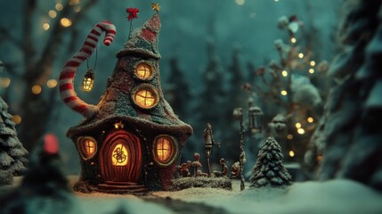 Whimsical house, candy cane roof, winter snow scene